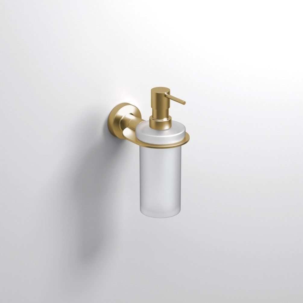 Close up product image of the Origins Living Tecno Project Brushed Brass Soap Dispenser